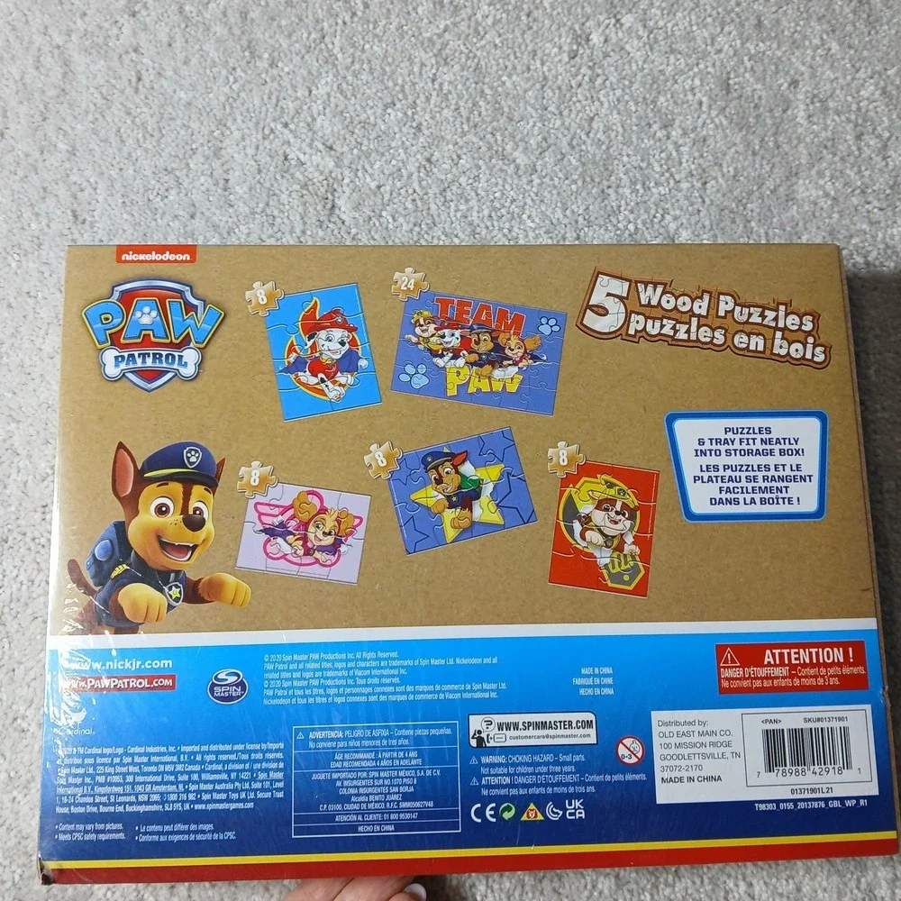 Paw Patrol Set of 5 Wood Puzzles in Wooden Storage Box Ages 3+ New